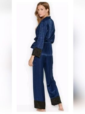 Victoria's Secret Navy Satin Pajama Set with Black Cuffs